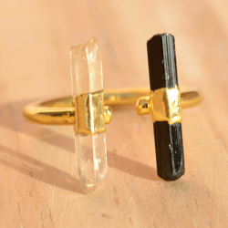 Crystal Quartz & Black Tourmaline Ring For Women, Raw Gemstone Electroformed Ring, October Birthstone Ring, Gift For Her