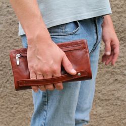 Leather wallet for men, brown bifold document holder, travel wallet, black leather long wallet, passport wallet