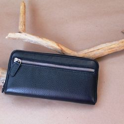 Leather long wallet men, black leather zipper wallet, travel wallet, black leather long wallet, genuine leather purse