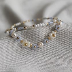 blue beaded bracelet beach jewelry flower bracelets set pearl bracelets set gift for her aesthetic jewelers beads