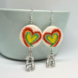 Rainbow heart embroidered earrings Cross stitch romantic jewelry with couple charm Handcrafted dainty gift for her