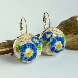 Blue flower embroidered earrings, Cross stitch floral jewelry, Handcrafted nature gift for woman