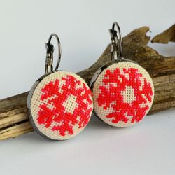 Red snowflake embroidered earrings, Cross stitch jewelry, Handcrafted christmas gift for girlfriend