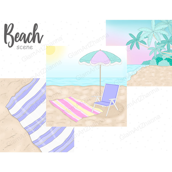 White and blue striped towel on the sand. A pink and yellow towel, a blue sun lounger and a green and purple sun umbrella stand on the sand against the backdrop