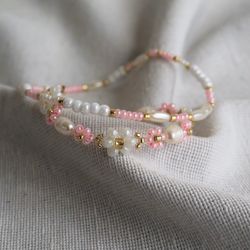 pink flower bracelet seedbead jewellery beach jewelry pearl bracelets set gift for her handmade jewels beaded work