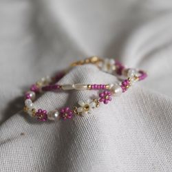Bright Pink Beach Bracelet Floral Bracelets Set Pinky Handmade Jewelry Seedbead Jewellery Summer Cute Jewels Gift