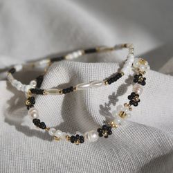 black beaded bracelet floral bead bracelets pearl and black bracelets set handmade jewelry dainty jewellery cute jewels