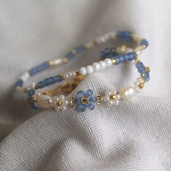 matt blue beaded bracelet daisy bracelets set flower dainty jewellery handmade jewelry gift for her aesthetic jewels