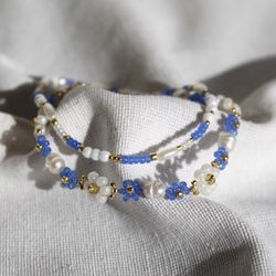bright blue pearl bracelet flower seedbead bracelets set blue cute beads jewelry flower bead jewellery handmade jewels