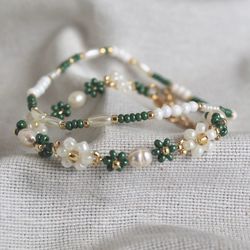 green flower bracelet beach floral pearl bracelets seddbead greens jewellery floral jewelry set dainty handmade jewels