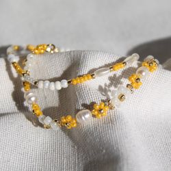 Yellow Daisy Bracelets Set Flower Seedbeaded Bracelet Pearl Cute Jewellery Summer Bright Jewelry Beach Jewels
