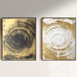 Diptych Golden Painting Original Gold Painting On Canvas Gold Leaf Art Large Abstract Art Black White Artwork Metal Art