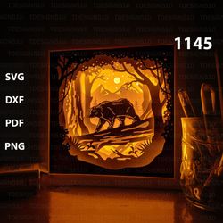 bear in the forest paper cut light box template, shadow box, 3d papercut lightbox svg file diy, cutting cricut