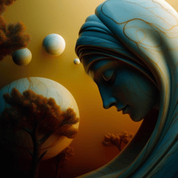 statue on the background of the planets