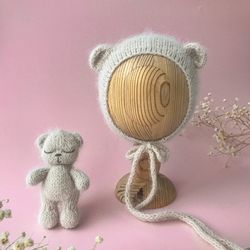 bear set, toy and bonnet for newborn photography props