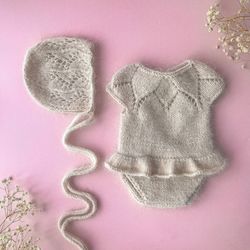 Soft romper and bonnet, Newborn cute set for photoshoot, knit costume for baby girl, girly outfit as props