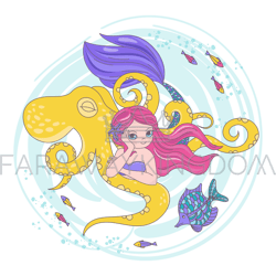 octopus friend mermaid cartoon travel vector illustration set