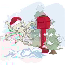 octopus mail underwater santa cartoon vector illustration set