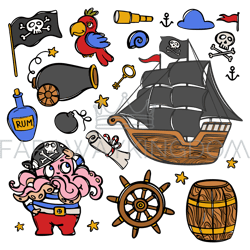 octopus pirate and black sailboat clipart illustration set