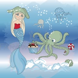 octopus regale mermaid underwater vector illustration set