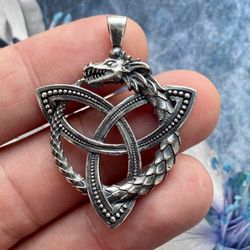 dragon ouroboros and celtic triquetra pendant, sterling silver, made to order