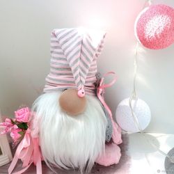 pink and grey plush gnome stuffed doll, gnome striped hat