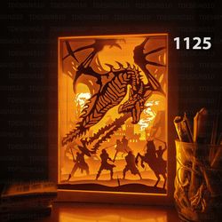 dragon attack paper cut light box template, shadow box, 3d papercut lightbox svg file diy, cutting cricut
