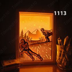 skiing paper cut light box template, shadow box, 3d papercut lightbox svg file diy, cutting cricut