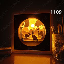 dinosaurs paper cut light box template, shadow box, 3d papercut lightbox svg file diy, cutting cricut