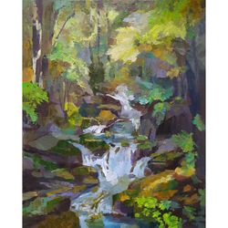 Waterfall Painting Original Art Forest Landscape Original Oil Painting by Guldar
