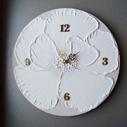 Round Wall Clock with white flower on gray background CHRISTMAS GIFT Mother's Day Gift Silent Clock Wedding gift