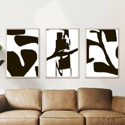 Black Abstract Print, Set Of 3 Prints, Digital Poster, Black White Wall Art, Living Room Decor, Minimalist Art, Triptych
