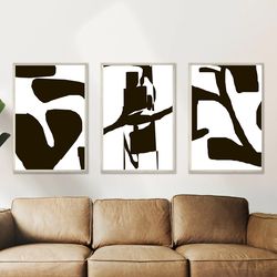 black abstract print, set of 3 prints, digital poster, black white wall art, living room decor, minimalist art, triptych