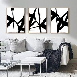 black wall art, abstract print, set of 3 posters, digital art prints, black and white, minimalist art, living room decor