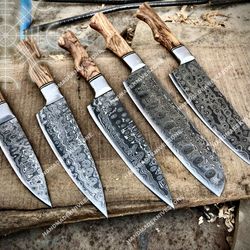 5 pc custom handmade hand forged black coated carbon steel chef set kitchen knives