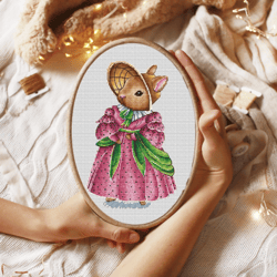 Lady Bunny Cross Stitch Pattern, Animal Cross Stitch Chart, Bunny Rose Dress Cross Stitch PDF, Cute Cross Stitch,
