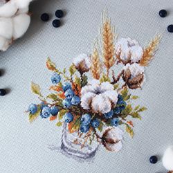 Completed Cross Stitch Cotton and blueberries, Finished Cross Stitch picture, Cross Stitch floral design, Modern xstitch