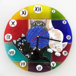 Wall clock fused glass with cats - Living room decor with cats - Unique large wall clock