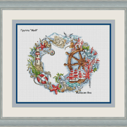 Sea Wreath Cross Stitch Pattern, Wreath Cross Stitch Chart, Lighthouse Cross Stitch, Vessel Cross Stitch, Digital PDF