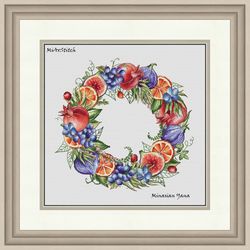 garden fruits cross stitch pattern, wreath cross stitch chart, fruits cross stitch, counted cross stitch, digital pdf