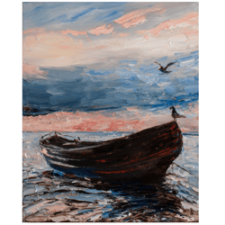 Boat Painting Seascape Original Art Impressionist Art Impasto Painting Seagulls Painting 20"x16" by KseniaDeArtGallery