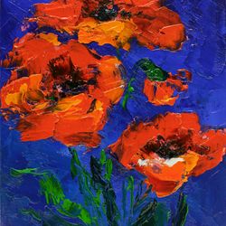 Red Poppy Oil Painting Floral in Vase Original Art California Poppy Oil Painting Small Artwork 9.5x7''