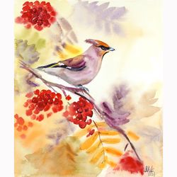 Cedar Waxwing Painting Bird On Branch Original Watercolor Fall Leaves Wall Art 12x10''