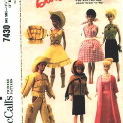 McCall's 7430 doll clothes pattern Ken's and Barbie's western outfit, Jacket, Skirt, Gown Digital download PDF