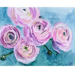 Ranunculus Painting Flower Original Watercolor Pink Roses Artwork 11x14''