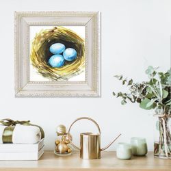 Bird Nest Painting Robin Egg Original Art Tiny Bird Painting Easter Watercolor 8x8''