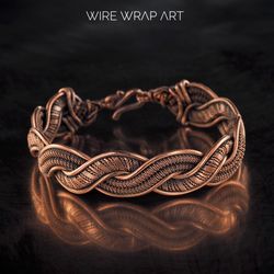 Unique copper wire wrapped bracelet for him or her Unisex statement bangle Handmade woven wire jewelry by Wire Wrap Art