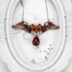 flying fox necklace with jasper, handcrafted clay , necklace art nouveau , jewelry sculpture