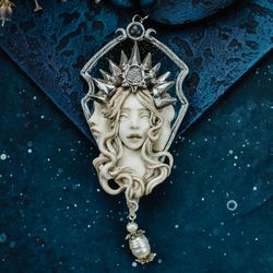 Goddess Hekate. Handmade pendant with labradorite stone and pearls
