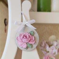 Hanging floral decoration in silver color with 3D rose MOTHER'S DAY gift Table decor Mini painting Shabby chic decor